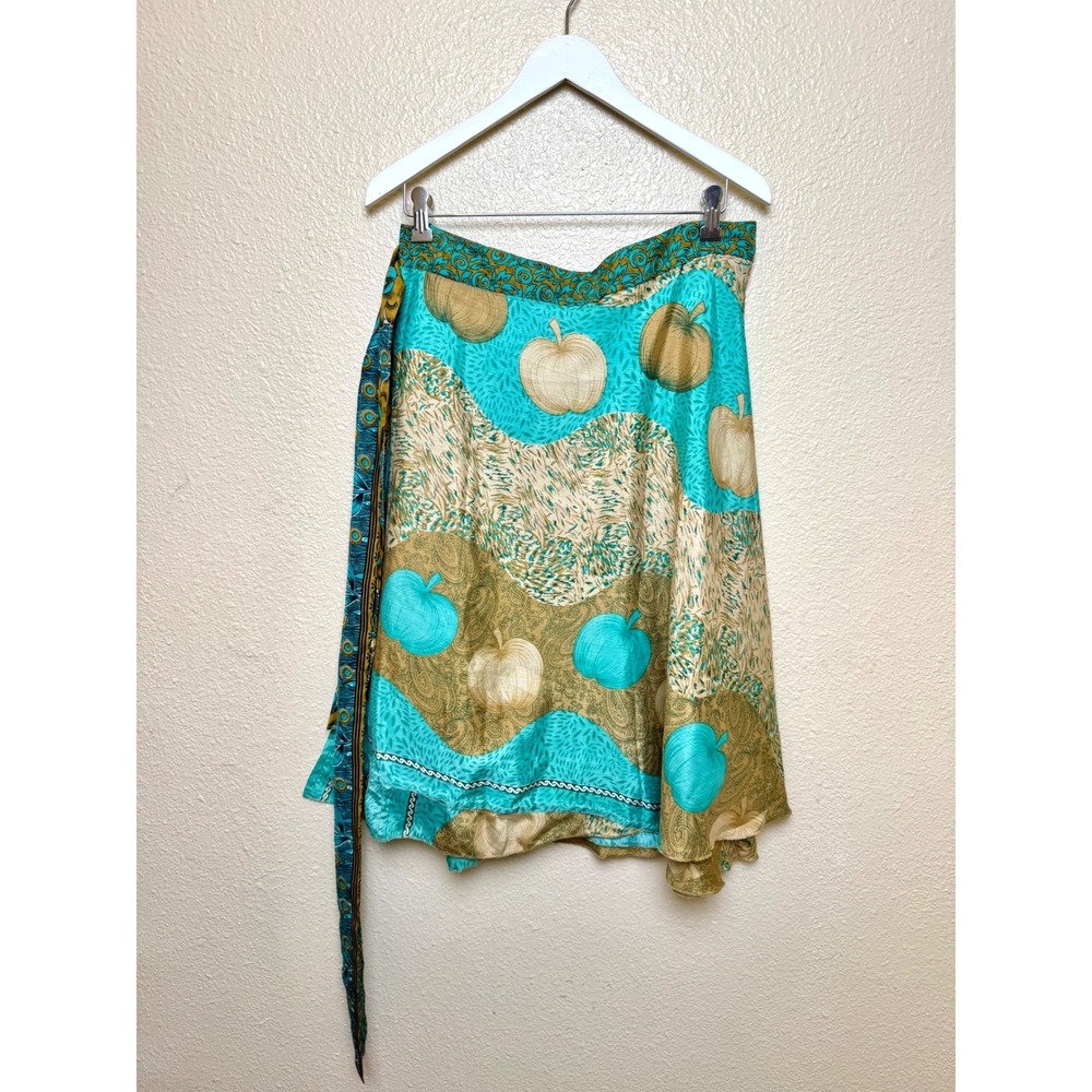 Darn Good Yarn Plus Size Wrap Skirt Boho Reversible Sari Silk Apple Print